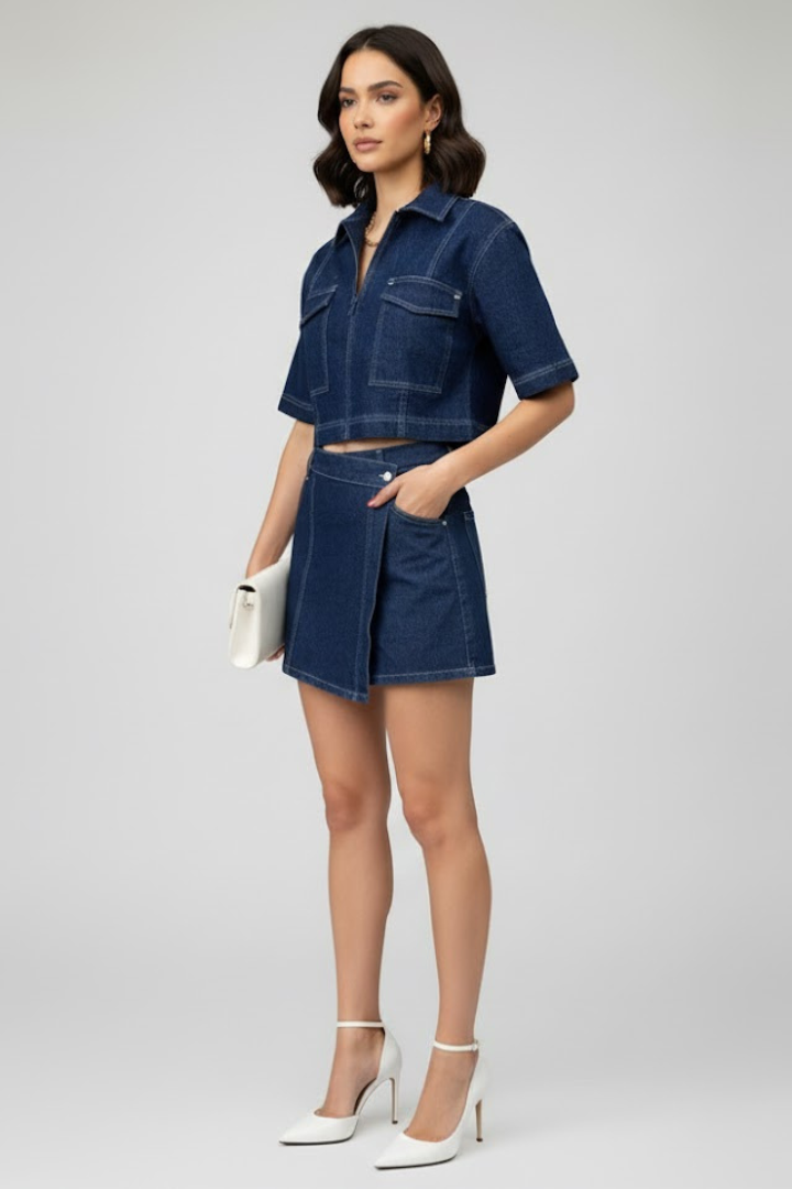 Denim Two-Piece Set with Zip-Up Crop Top