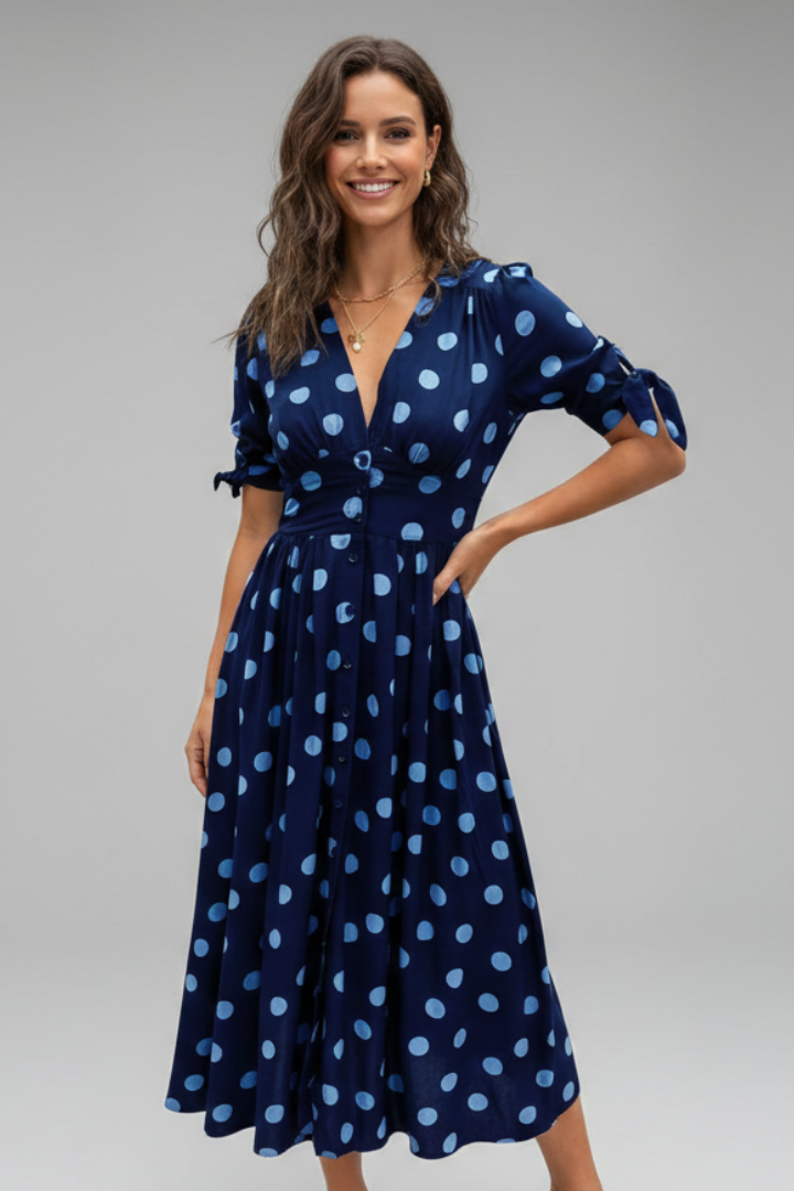 Women Midi Dress with V Neck and Button Front