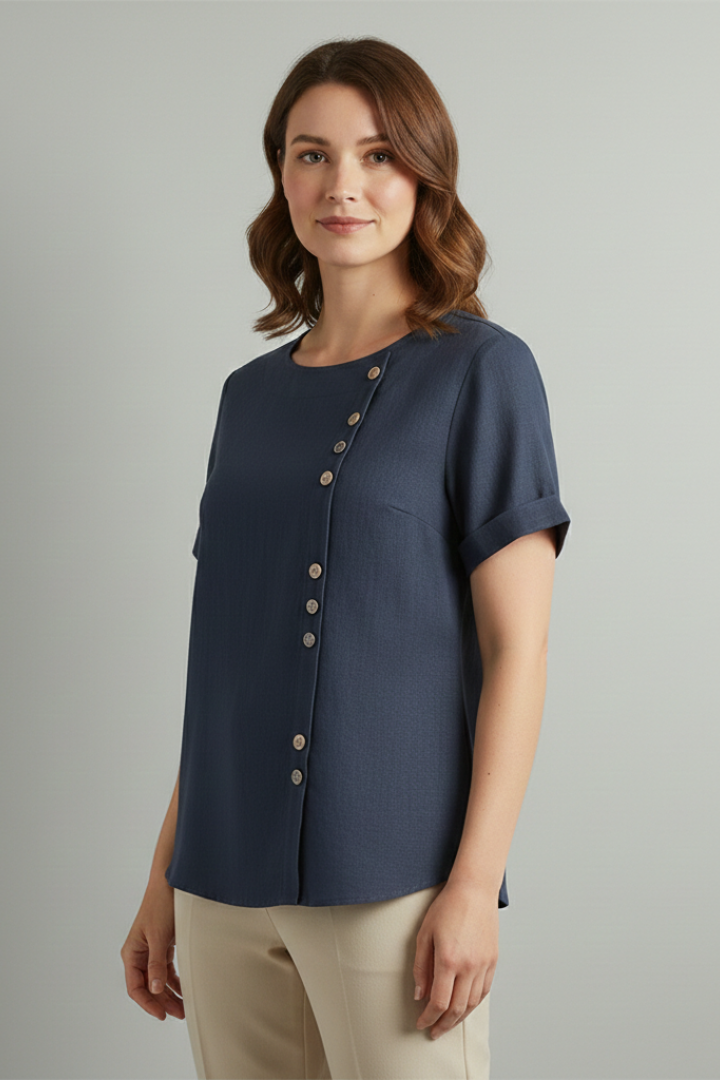 Women’s Blouse with Round Neckline and Button Detail