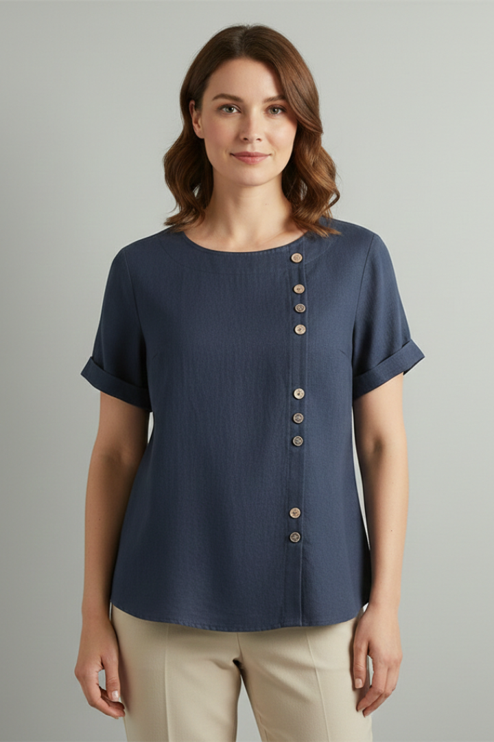 Women’s Blouse with Round Neckline and Button Detail