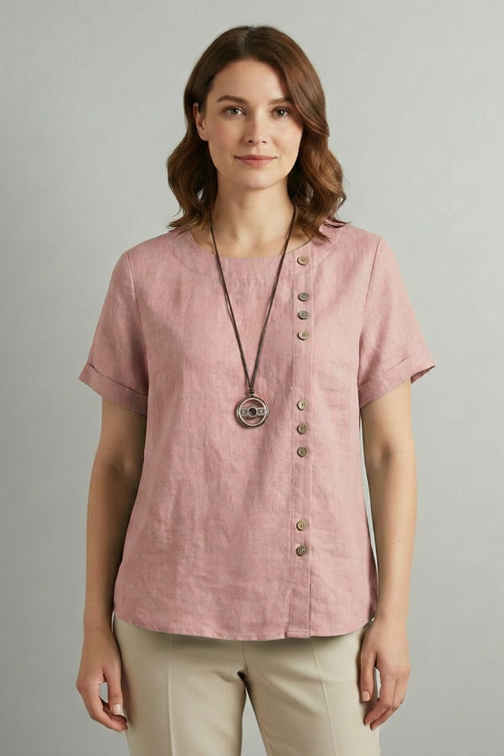 Women’s Blouse with Round Neckline and Button Detail