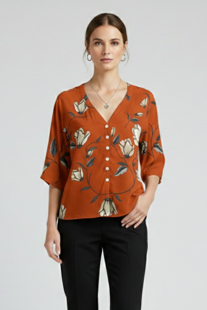 Women’s Blouse with V-Neck and Floral Print