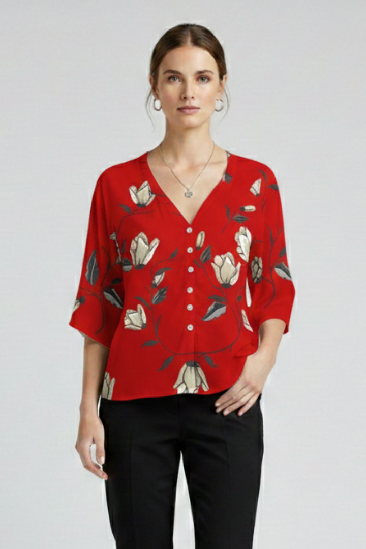 Women’s Blouse with V-Neck and Floral Print
