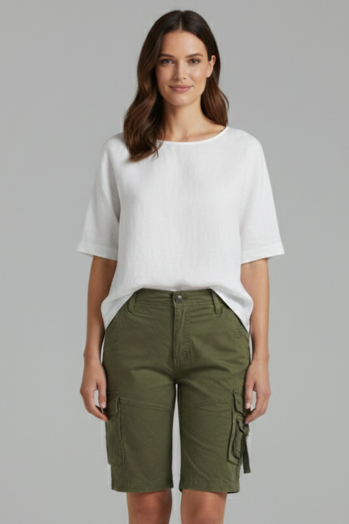 Women’s Cargo Shorts with Button Waist and Flap Pockets
