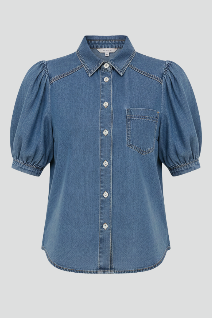 Women’s Casual Denim Shirt with Puff Sleeves and Button Front
