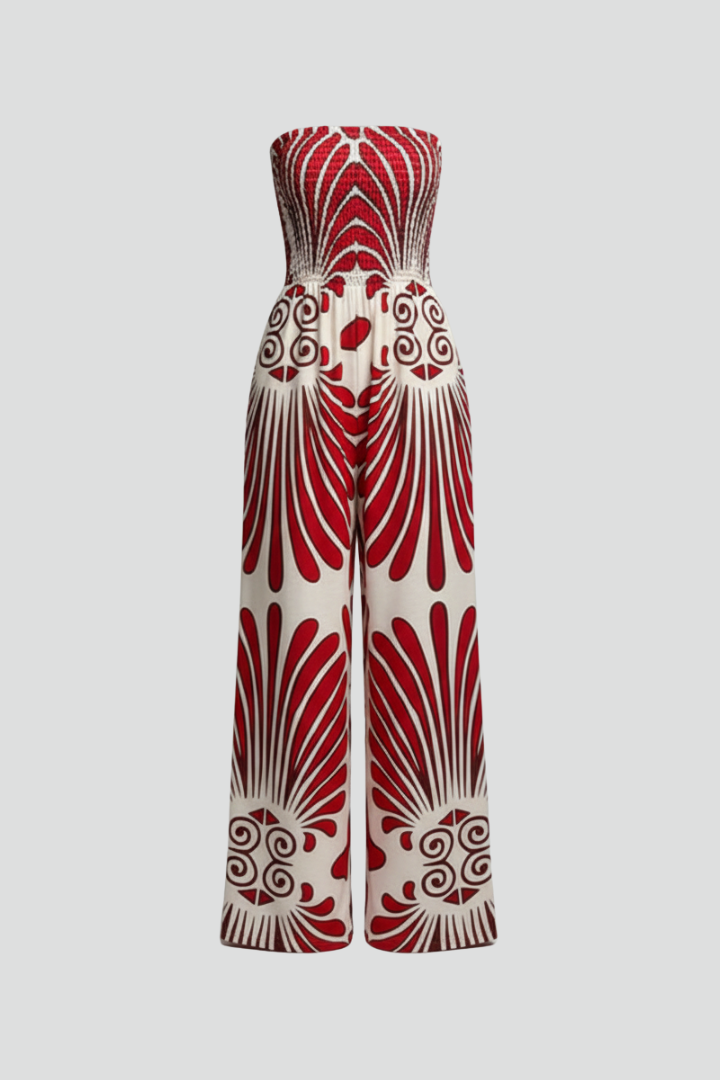 Women’s Jumpsuit with Strapless Neckline and Printed Surface