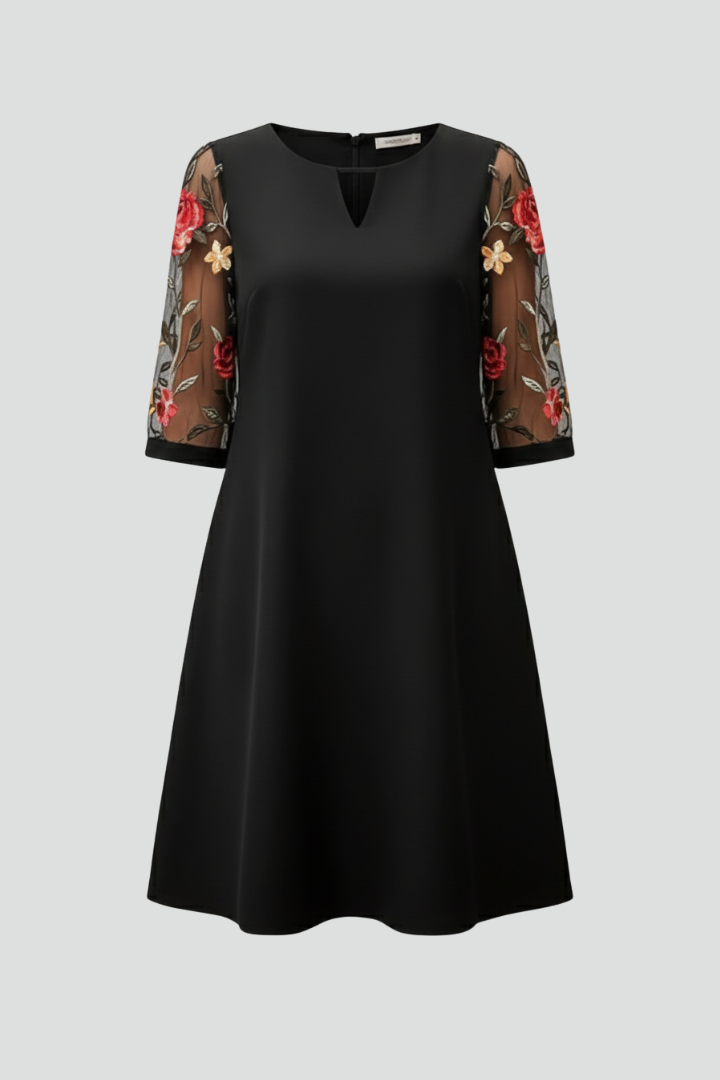 Women’s Knee-Length Dress with Keyhole Neckline and Sheer Sleeves