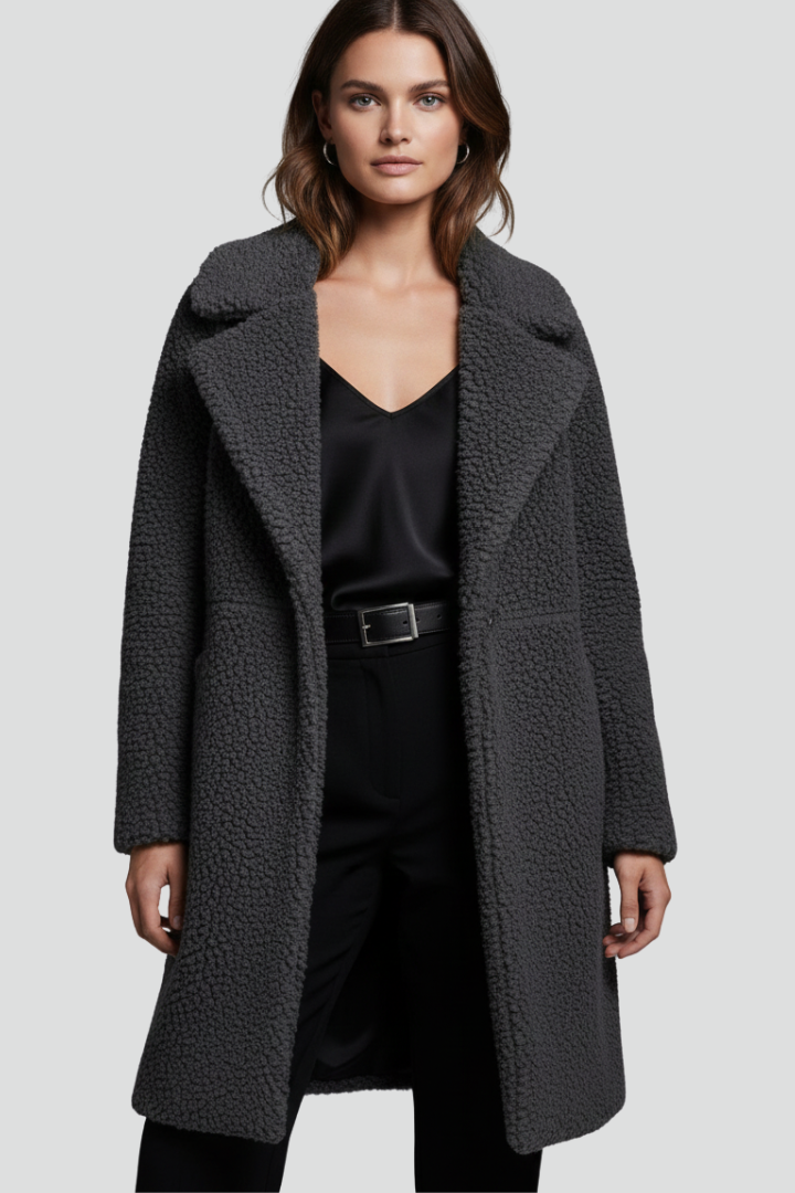 Women’s Long Coat with Textured Surface and Wide Collar