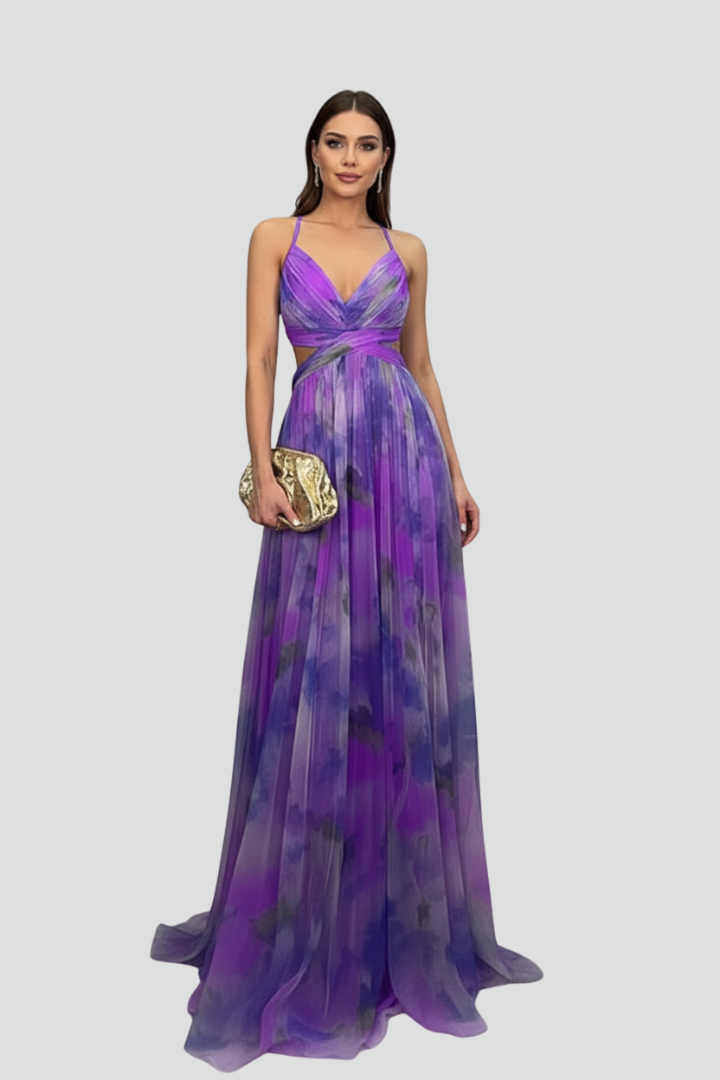 Women’s Long Dress with V Neckline and Back Opening