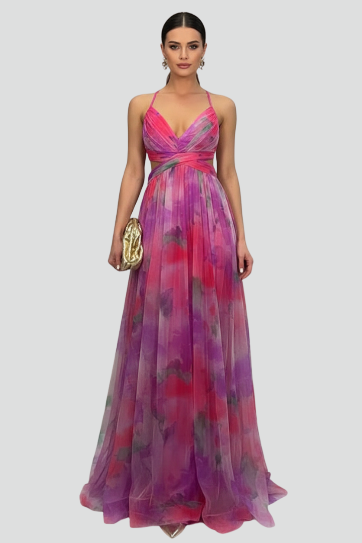 Women’s Long Dress with V Neckline and Back Opening