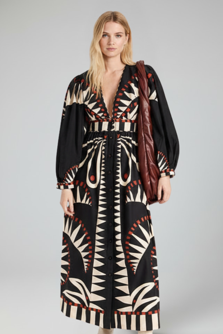 Women’s Maxi Dress with V-Neck and Long Sleeves