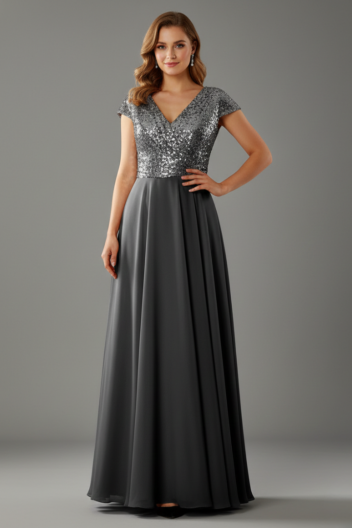 Women’s Maxi Dress with V Neckline and Sequin Bodice