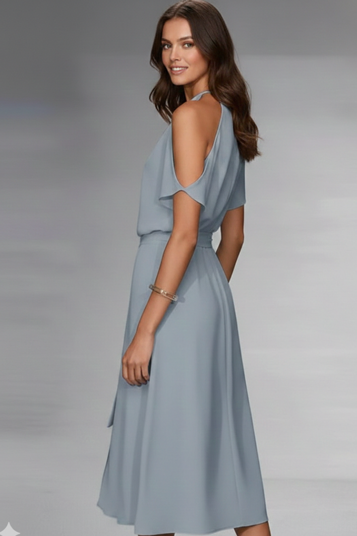 Women’s Midi Dress with Halter Neckline and Asymmetric Hem