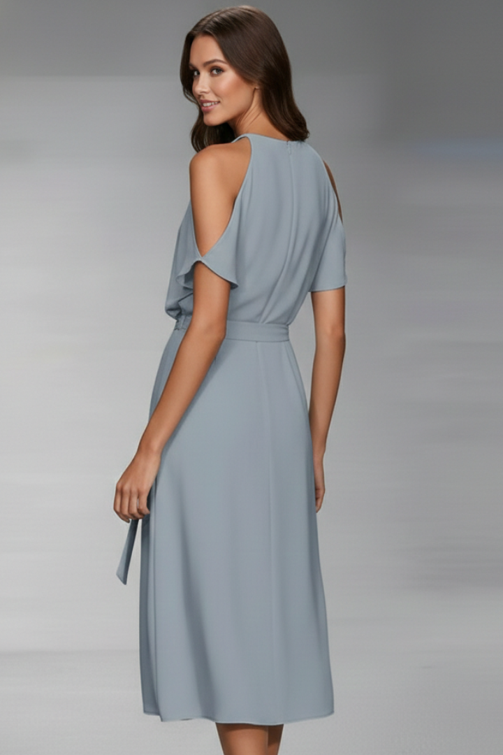 Women’s Midi Dress with Halter Neckline and Asymmetric Hem