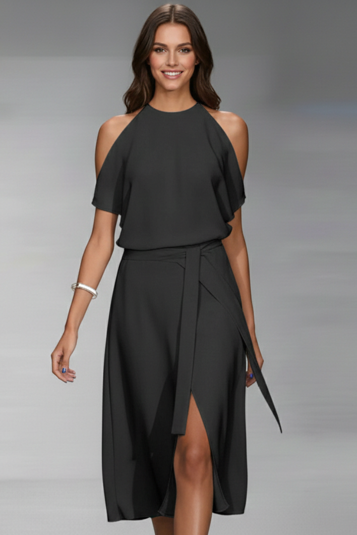 Women’s Midi Dress with Halter Neckline and Asymmetric Hem
