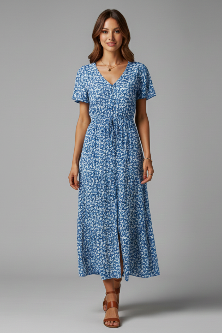 Women’s Midi Dress with V Neckline and Short Sleeves
