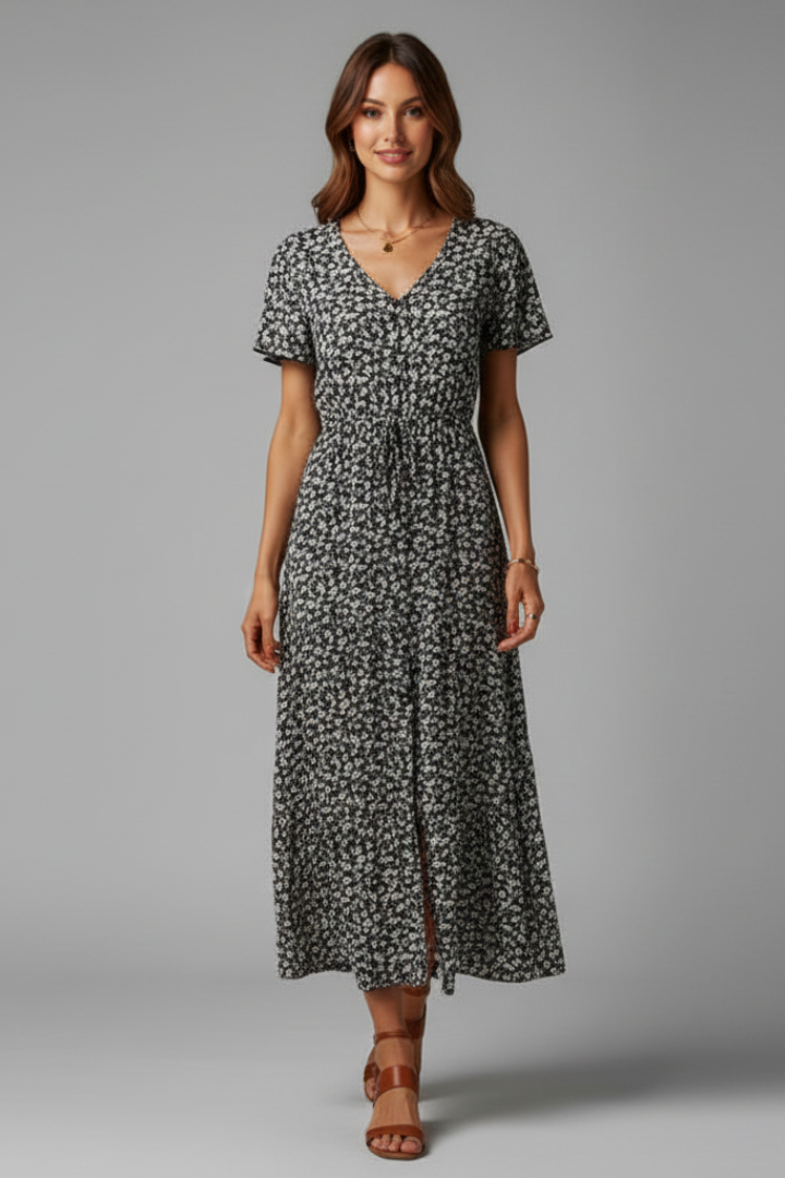 Women’s Midi Dress with V Neckline and Short Sleeves