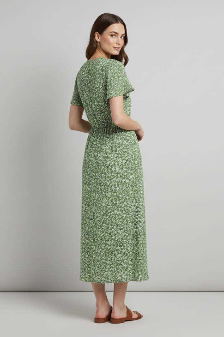 Women’s Midi Dress with V Neckline and Short Sleeves