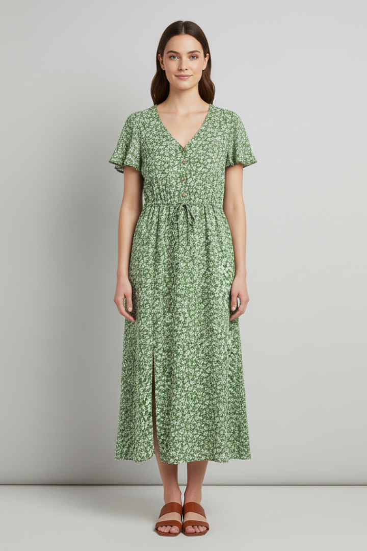 Women’s Midi Dress with V Neckline and Short Sleeves