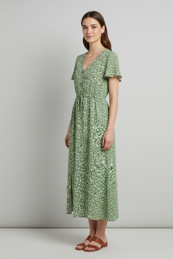 Women’s Midi Dress with V Neckline and Short Sleeves