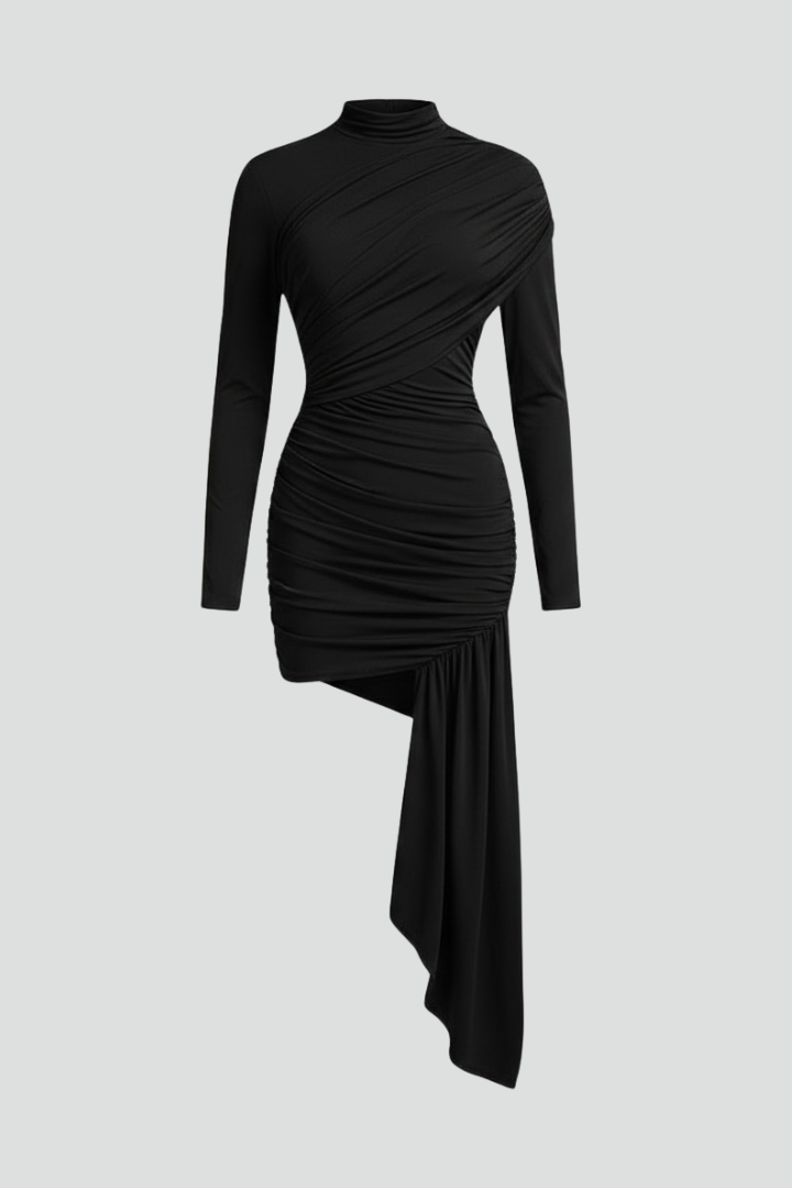 Women’s Mini Dress with High Neck and Asymmetric Hem