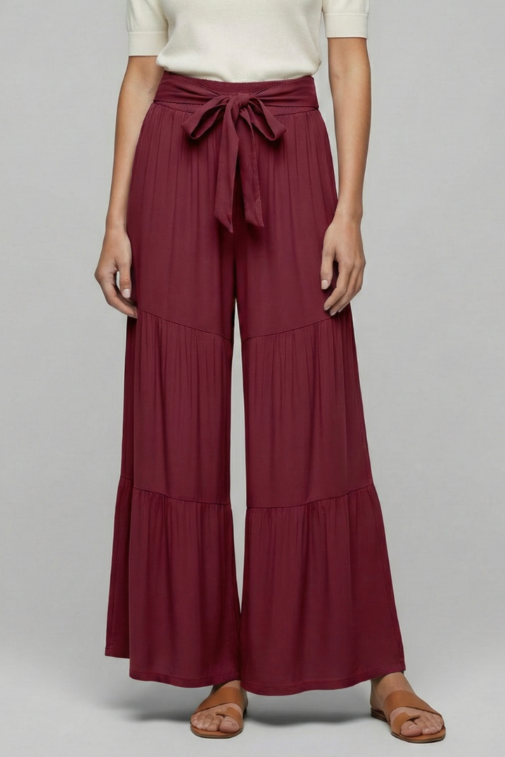 Women’s Palazzo Trousers with Drawstring Waist and Tiered Legs