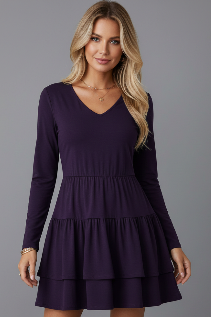 Women’s Short Dress with V-Neck and Long Sleeves