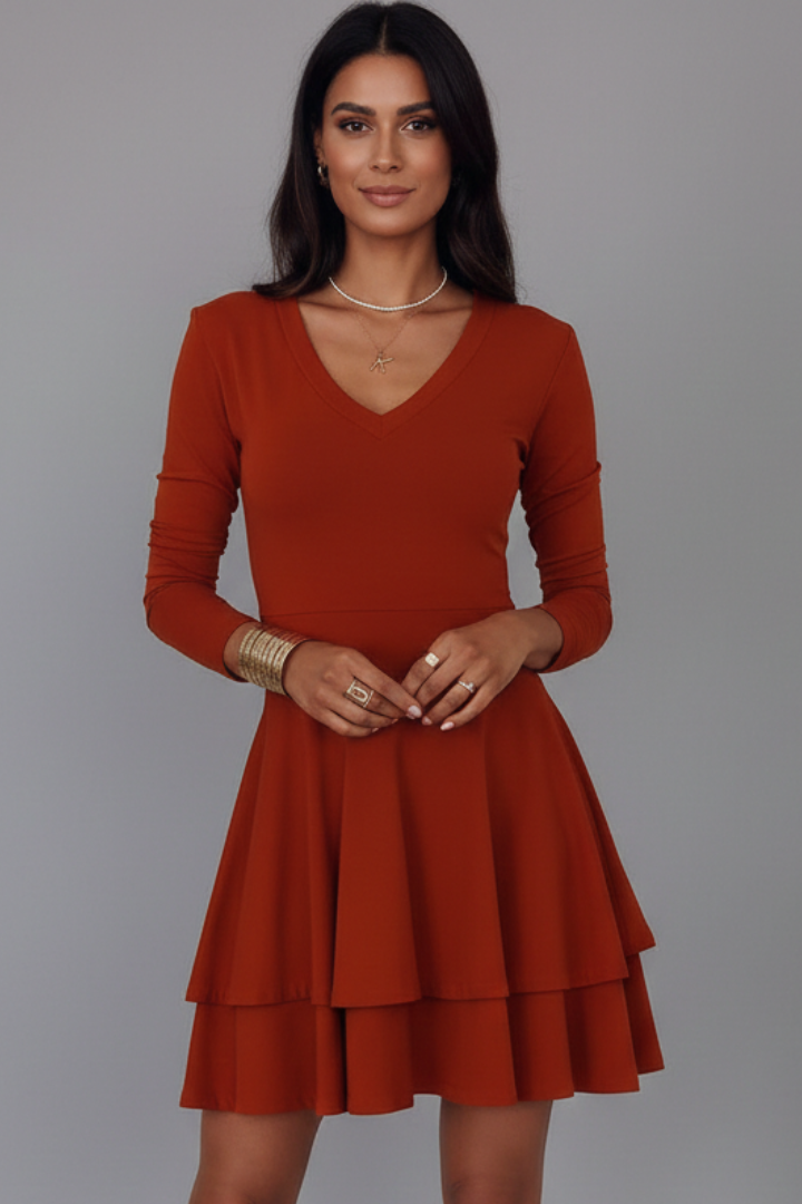 Women’s Short Dress with V-Neck and Long Sleeves