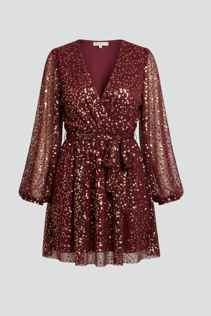 Women’s Short Dress with V-Neck and Waist Tie