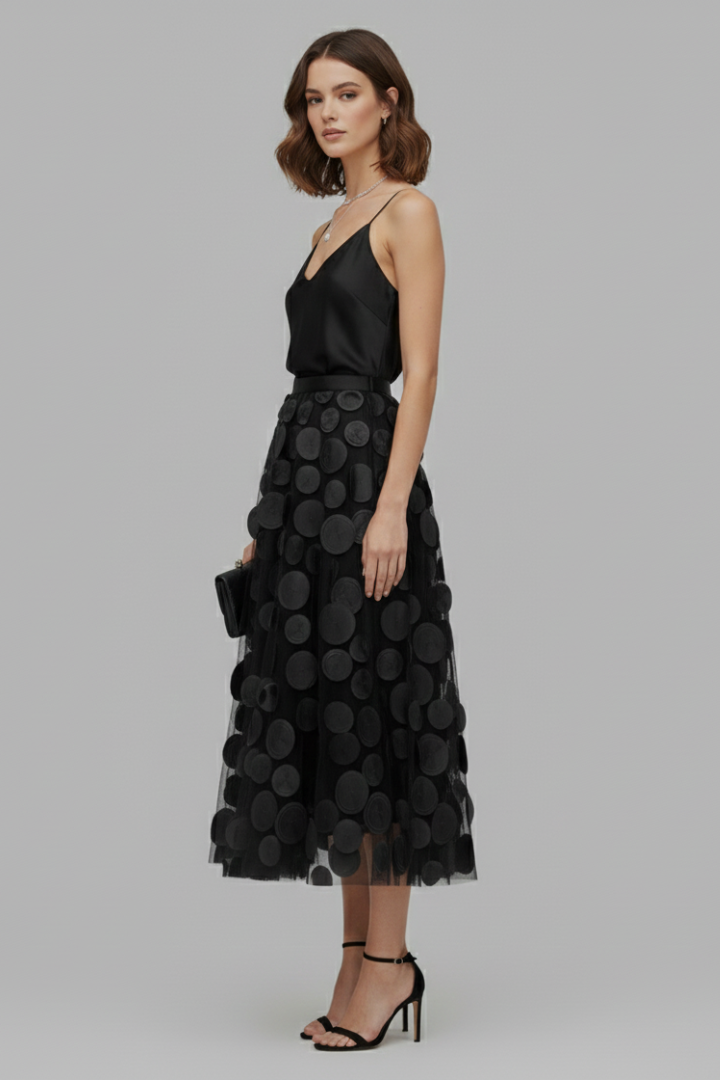 Women’s Skirt with Patchwork Tulle and Polka Dot Surface