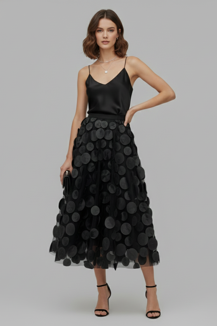 Women’s Skirt with Patchwork Tulle and Polka Dot Surface