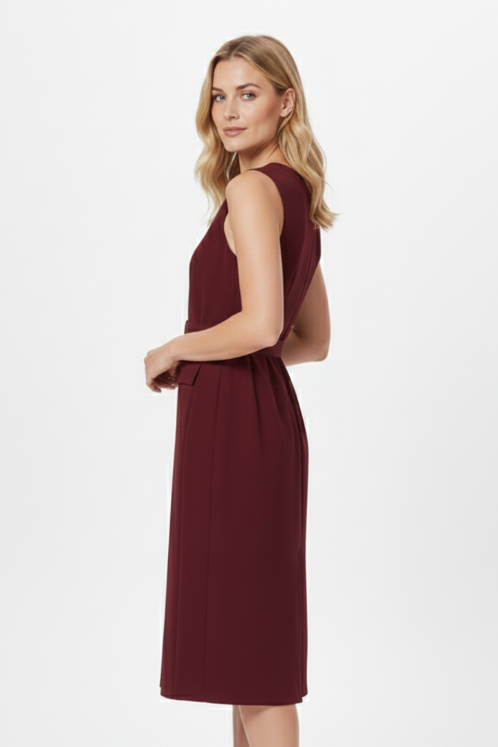Women’s Sleeveless Midi Dress with Buttons and Belted Waist