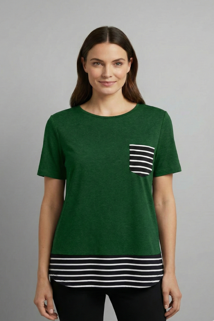 Women’s T-Shirt with Chest Pocket and Striped Hem