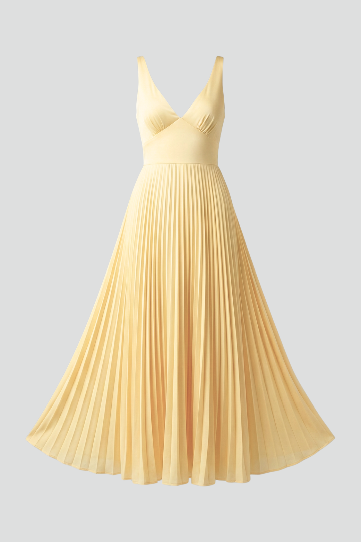 Women’s Maxi Dress with Pleated Skirt and V‑Neck