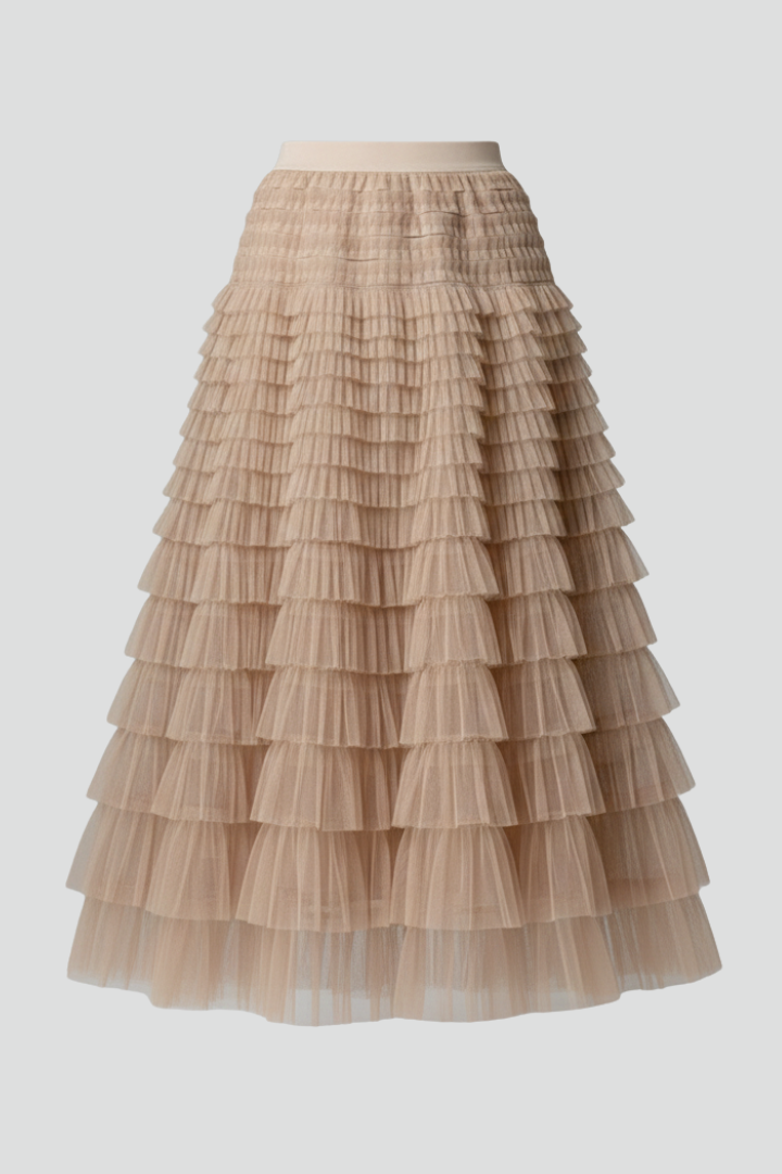 Women’s Midi Tulle Skirt with Layered Design and Elastic Waist