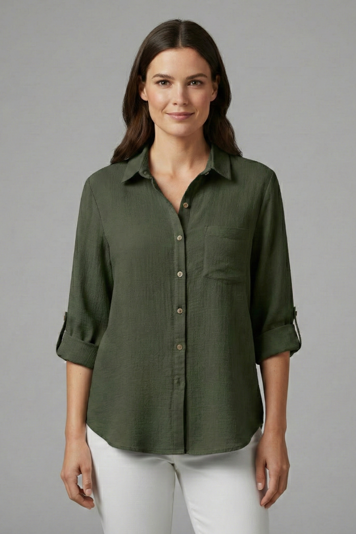Women’s Blouse with Button Closure and Rolled Sleeves