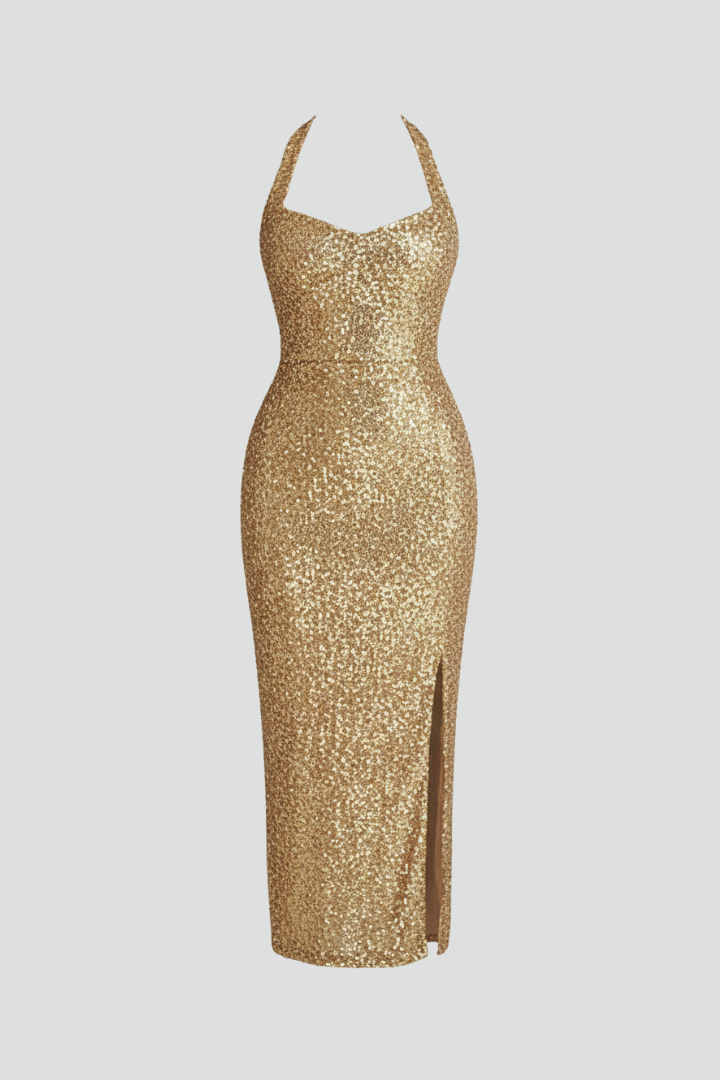 Women’s Dress with Halter Neckline and High Slit