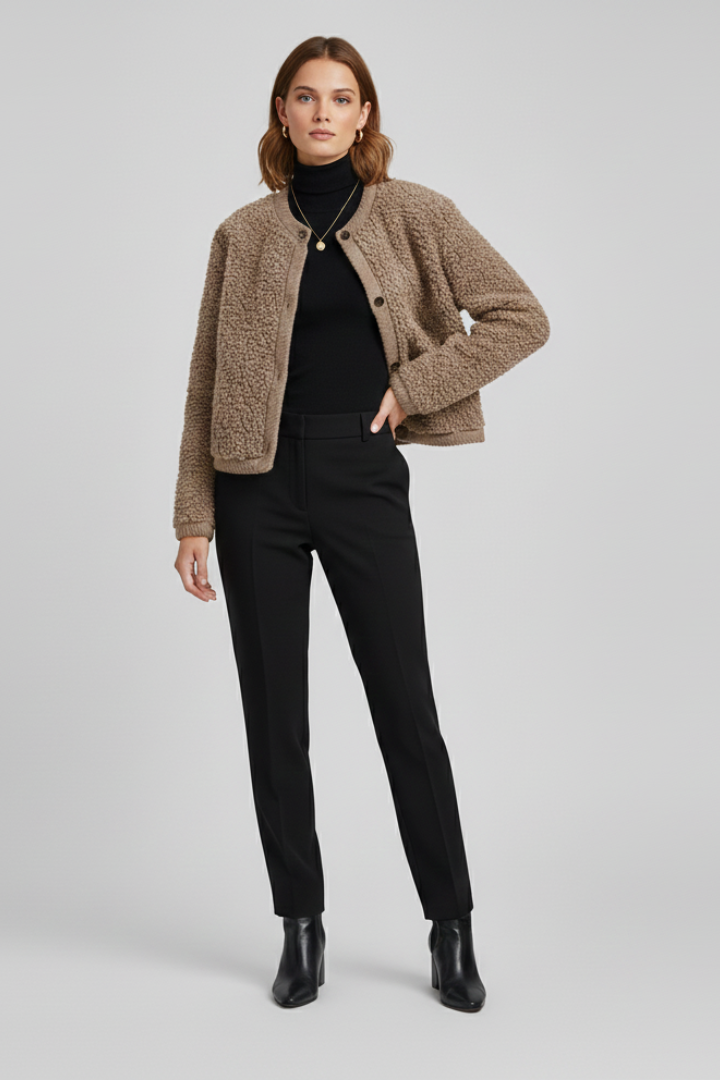 Women’s Fleece Jacket with Button Front and Textured Surface