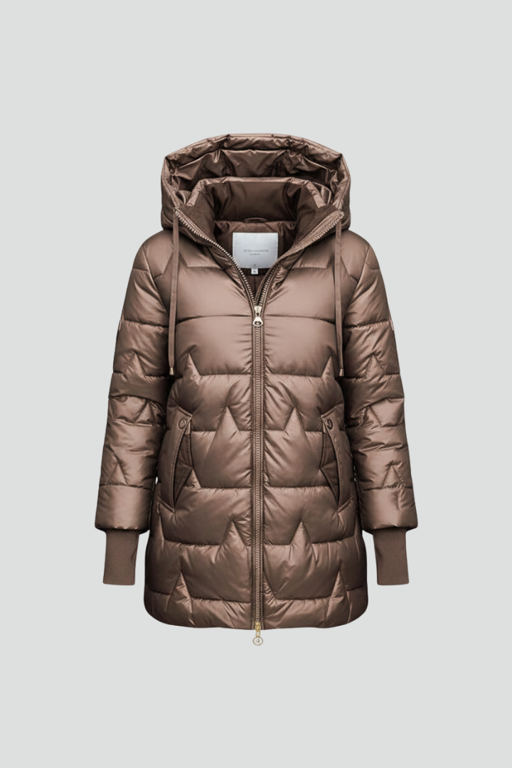 Women’s Long Puffer Jacket with Hood and Full Zip Closure