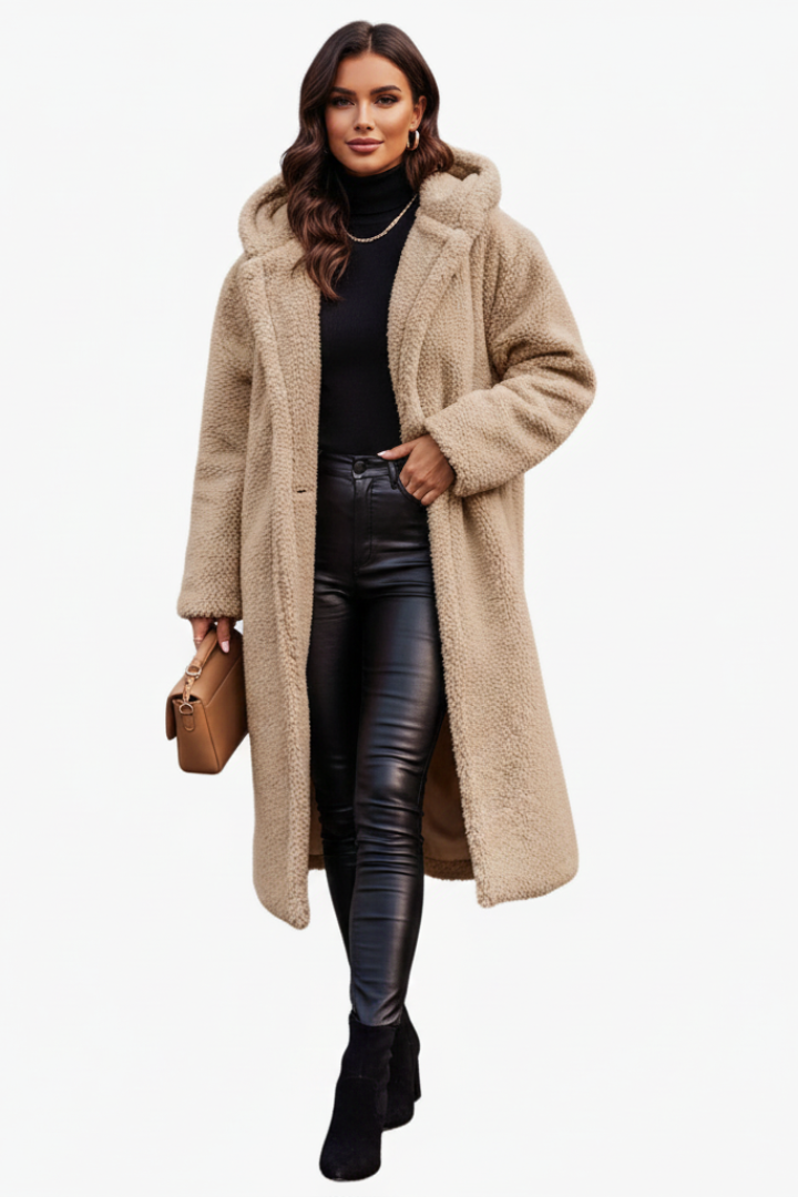 Women’s Long Teddy Coat with Hood and Button Closure