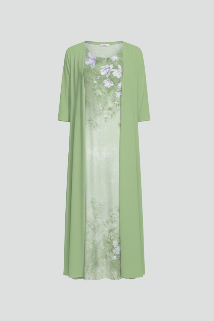 Women’s Maxi Dress with Open Cardigan and Printed Surface