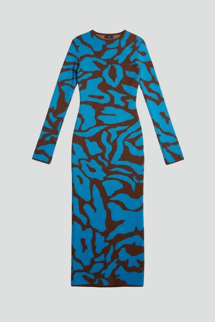 Women’s Midi Dress with Abstract Pattern and Long Sleeves