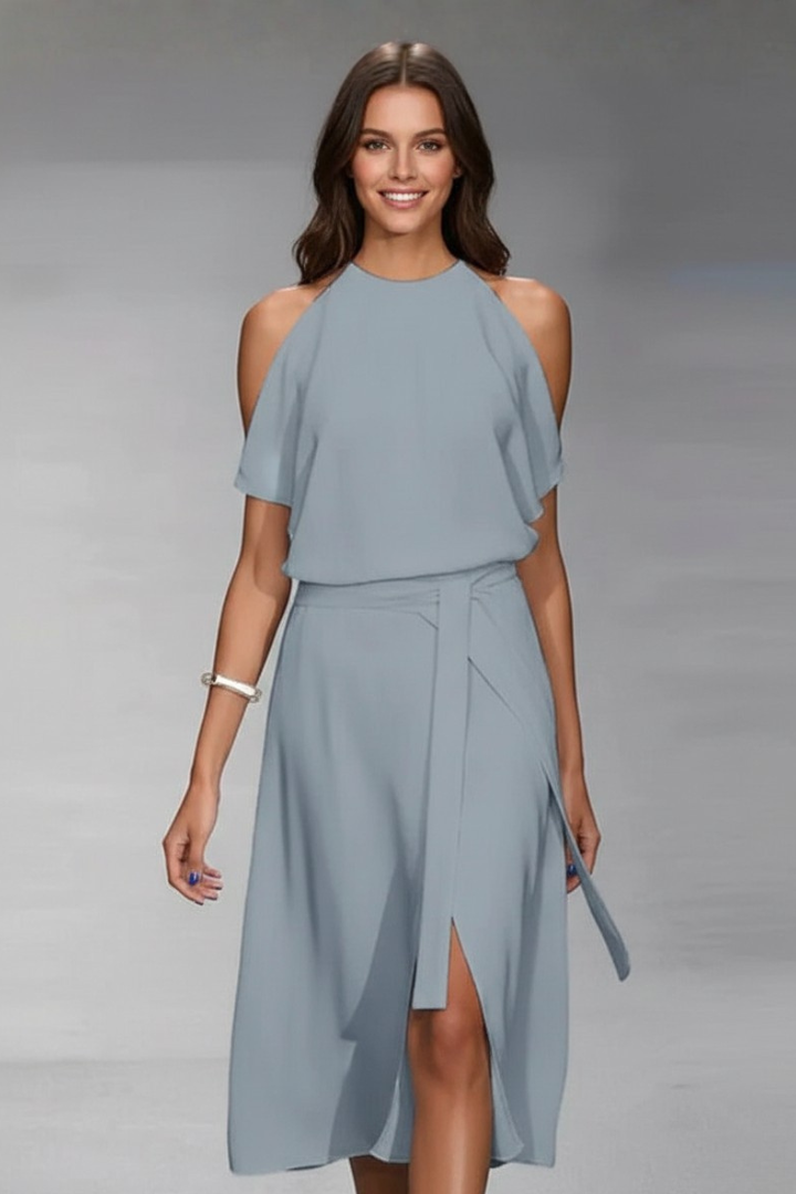 Women’s Midi Dress with Halter Neckline and Asymmetric Hem