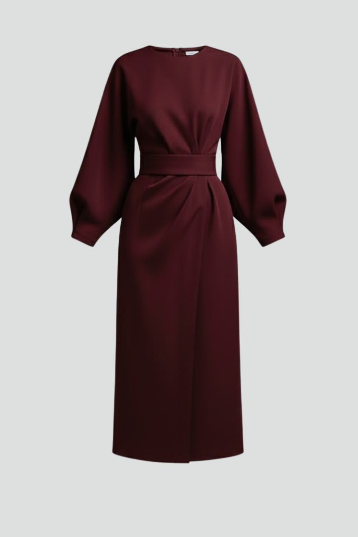 Women’s Midi Dress with Lantern Sleeves and Belt