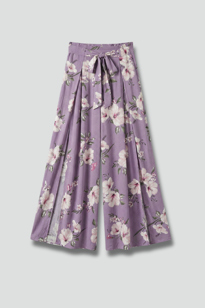 Women’s Palazzo Trousers with Floral Print and Side Slit