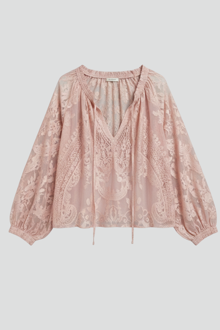 Women’s Sheer Blouse with Crochet Detail and Tie Neckline