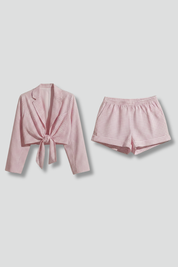 Women’s Top and Shorts Set with Gingham Pattern and Elastic Waist