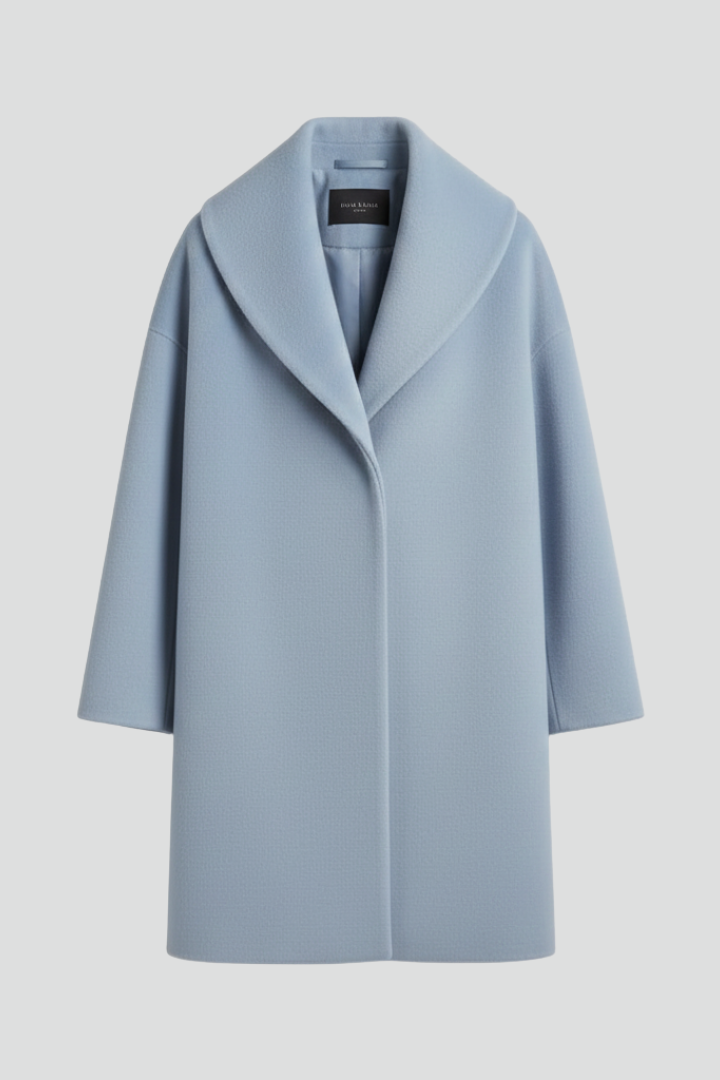 Women’s mid-length coat with wide collar and open front