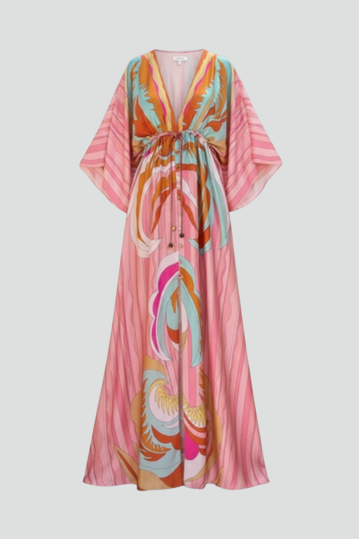Women’s Long Dress with V-Neck and Belted Waist